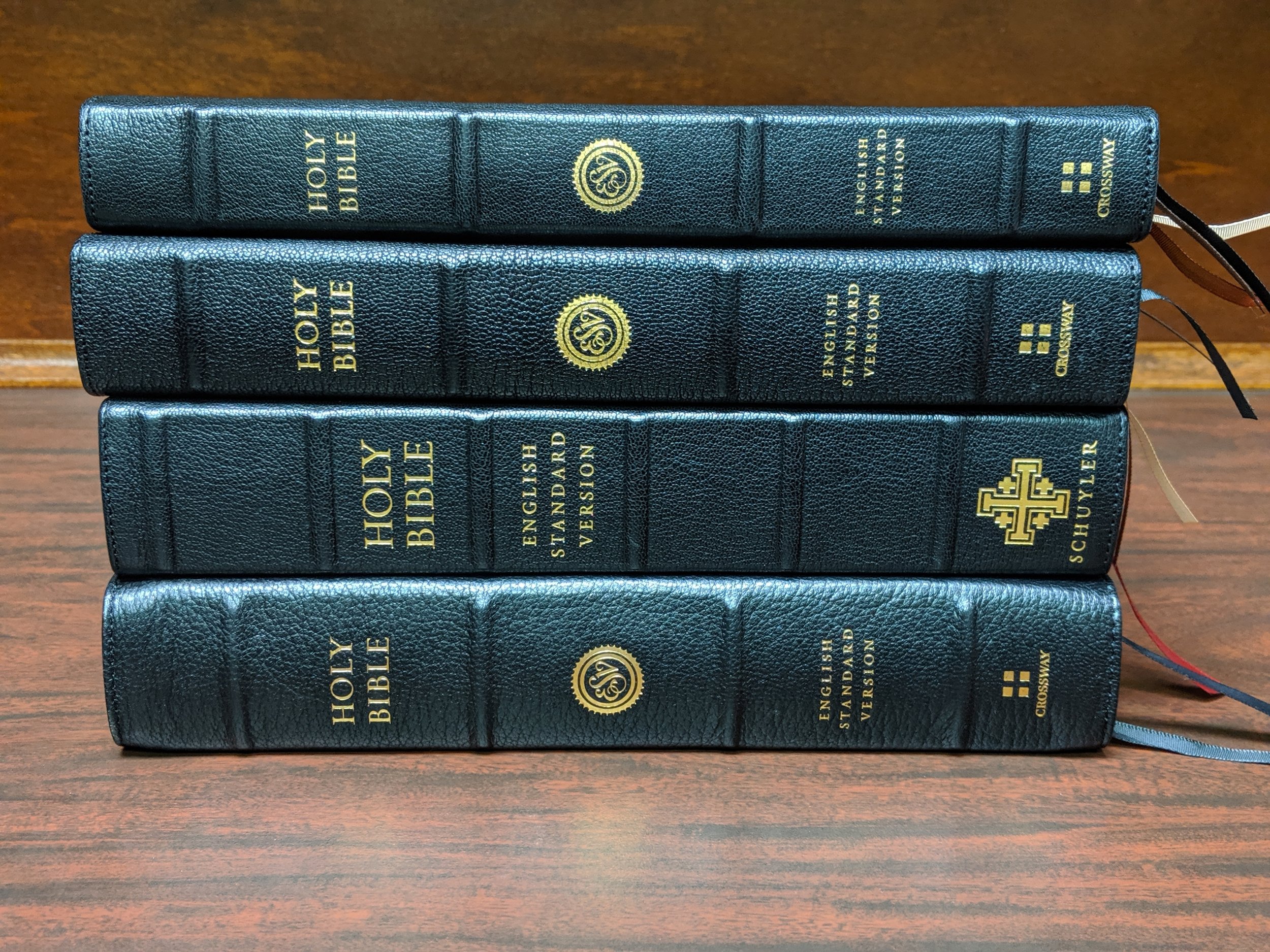  Bottom to Top: ESV Preaching Bible, Schuyler Credo Quentel, Heirloom Legacy, ESV Omega 